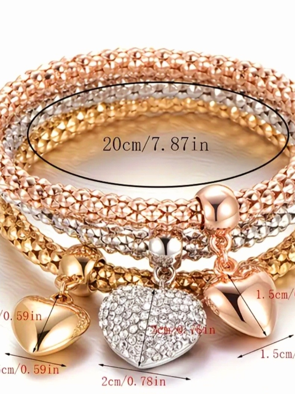 Multi-Tone Heart Charm Bracelet Set - Gold, Silver & Rose Gold - Picture 6 of 6